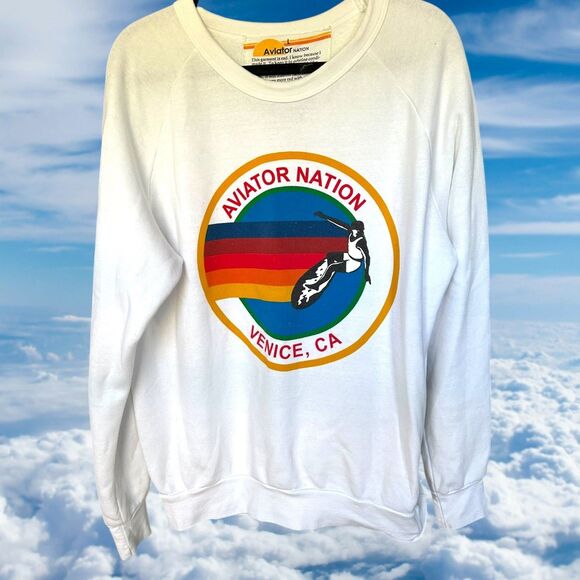 AVIATOR NATION Crew Neck Sweatshirt Size Medium White Venice CA Relaxed - Picture 1 of 7